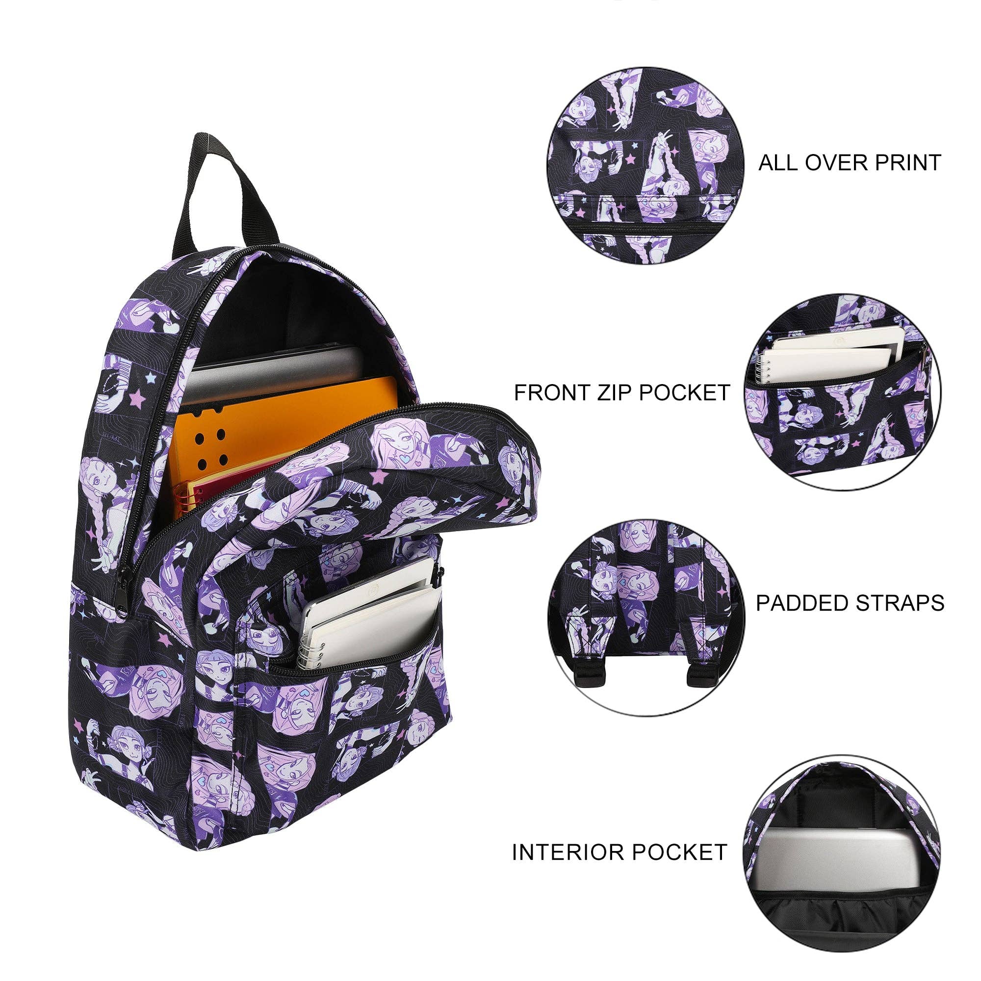 KPop Demon Hunters Huntr/X Character Art 16.5" Adult Black Quick Turn Backpack