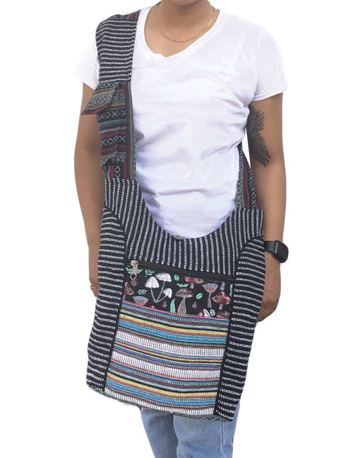 Mushroom Printed Cotton Tribal Hobo Bag: Black