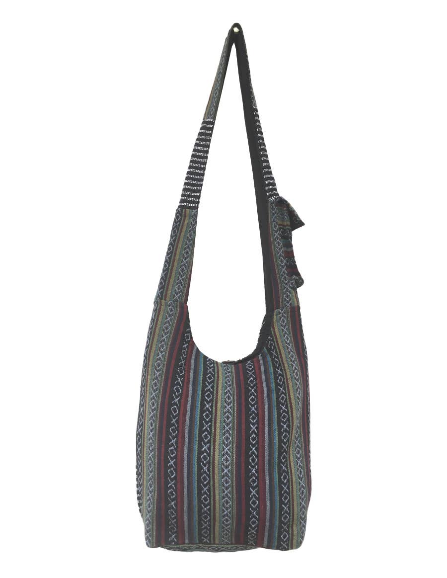 Mushroom Printed Cotton Tribal Hobo Bag: Black