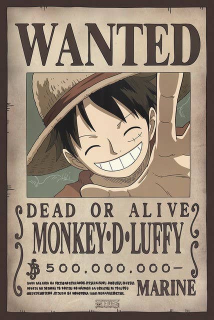 One Piece 24X36 - Monkey D. Luffy Wanted Dead or Alive Manga: Individually Rolled & Labeled
