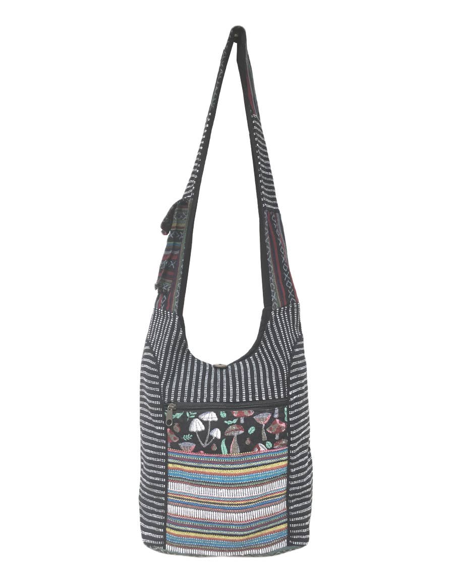 Mushroom Printed Cotton Tribal Hobo Bag: Black
